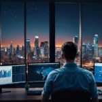 Analista financiero utilizando inteligencia artificial en Wall Street para predecir mercados en 2026