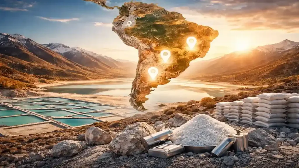 Latinoamérica y el boom del litio, paisaje de los salares de litio en Latinoamérica durante el boom del litio en 2026, mostrando la actividad minera y la relevancia de la región en la transición energética.