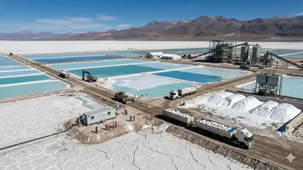 "Fotografía aérea fotorrealista de una operación de extracción y procesamiento de litio en un salar andino en Sudamérica en 2026. Muestra piscinas de evaporación geométricas de color turquesa, maquinaria pesada en movimiento y personal trabajando, con montañas al fondo, ilustrando el boom y las reservas de litio en Latinoamérica."