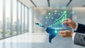 Mapa financiero digital de la región con indicadores ascendentes, ilustrando la tendencia de los bonos soberanos de Latinoamérica en 2026 y el flujo de capital institucional