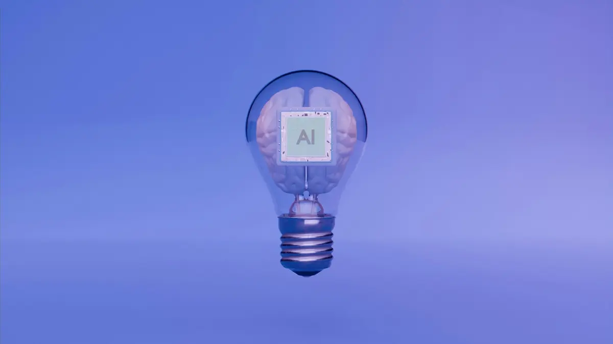 Una bombilla encendida con un cerebro humano y un chip de circuito integrado en su interior, representando la crisis energética de la IA y el consumo eléctrico de la tecnología.
