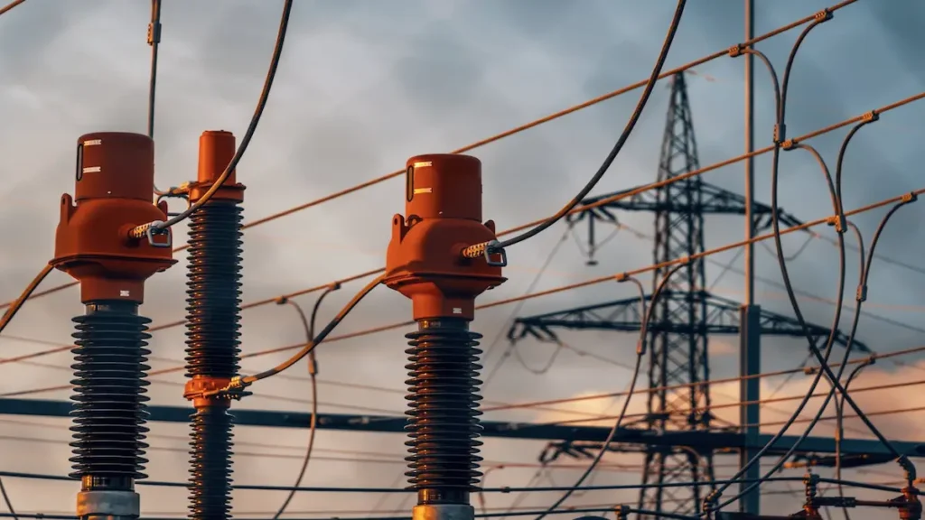 Torre de alta tensión y componentes de una subestación eléctrica que abastece infraestructura crítica, evidenciando el desafío físico detrás de la crisis energética de la IA.